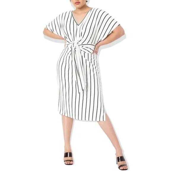 Eloquii Plus Size Black & White Striped Wrap Around V-Neck Midi Dress - Picture 1 of 6